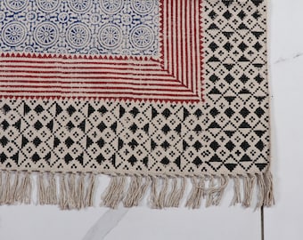 Hand Block Print Cotton Rug: Indian Kilim Style, Boho Decor Bedroom Entryway