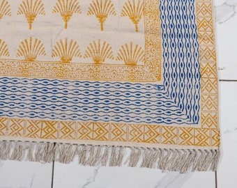 Hand Block Printed Cotton Dhurrie Rug: Indian Aztec Area Rug