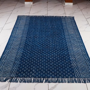 Blue Indigo Hand Block Hand Woven Cotton Flatweave Kilim Rug, Boho Blue Rug Sizes 5x8,6x9,8x10,9x12