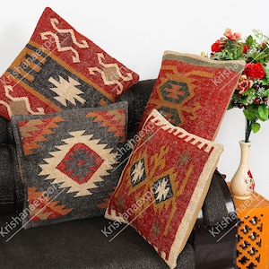 4 Set of Wool Jute Cushion, Home Decor,Handwoven Kilim Pillow, Bohemian Pillow, Decorative Pillow,Bench Cushion Cover, Vintage Kilim Pillow