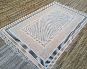 Hand Block Print Cotton Dhurrie Rug: Boho Kilim Style For Bedroom Decor Rugs