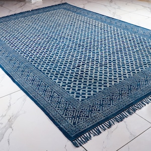 Blue Indigo White Geometric Design Hand Woven Cotton Flatweave Kilim Rug, Boho Blue Rug... Sizes 5x8,6x9,8x10,9x12