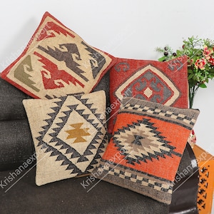 4 pcs set of Wool Jute Cushion, Home Decor,Handwoven Kilim Pillow, Bohemian Pillow, Decorative Pillow,Bench Cushion Cover, Kilim Pillow