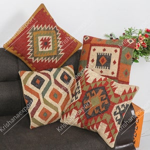 Indian Handwoven 4 set 45x45 cm Handmade Wool Jute Kilim Pillow covers, Kilim Pillow cases, Decorative Sofa cushion covers, Christmas Gifts