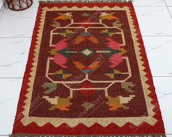 Red Kilim Jute Rug: Vintage Southwestern Home Decor, Handmade Flatweave