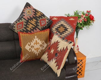 4 Set of Vintage Kilim Pillow, Home Decor,Handwoven Kilim Pillow, Bohemian Pillow, Decorative Pillow,Bench Cushion Cover, Wool Jute Cushion