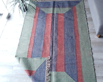 Handwoven Wool Jute Kilim Rug: Bohemian Indian Rug Dhurrie