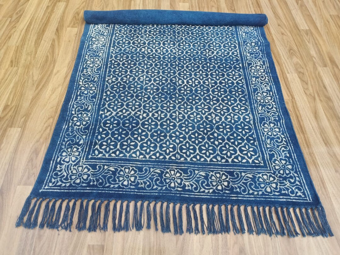 Buy Indigo Block Printed Handmade Cotton Rug / Handmade Rugs / Online