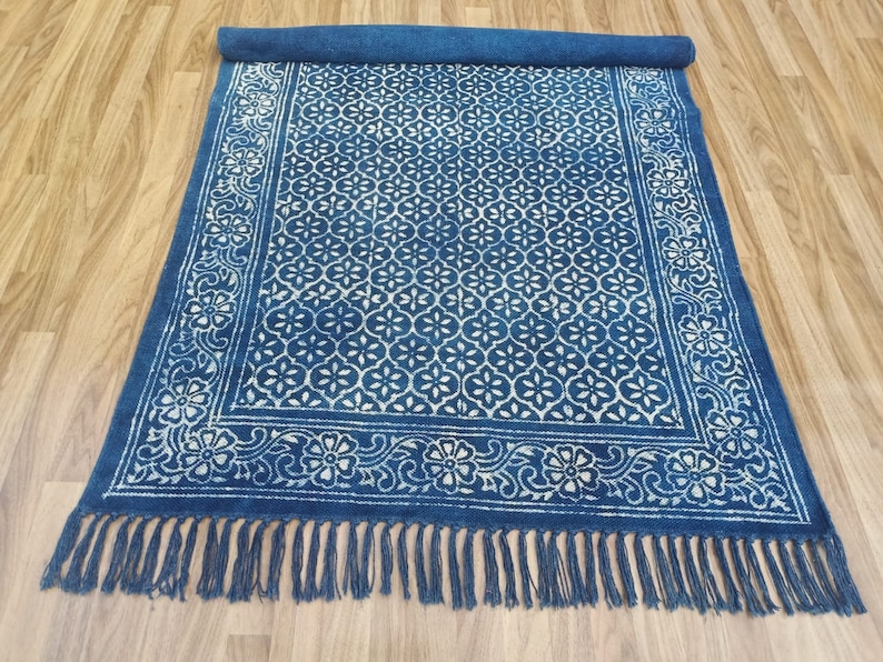 Indigo Hand Block Print Cotton Rug: Handmade Dhurrie Carpet - Etsy