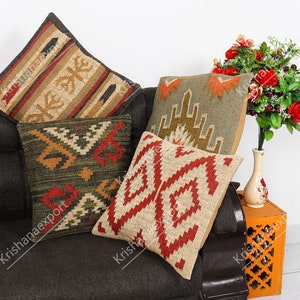 Set of 4 Vintage Jute Cushion Covers: Handmade Indian Rug Pillows