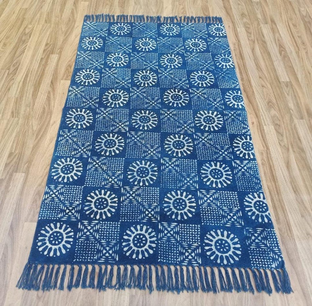 Indigo Block Print Cotton Rug: Handmade Dhurrie Area Rug - Etsy