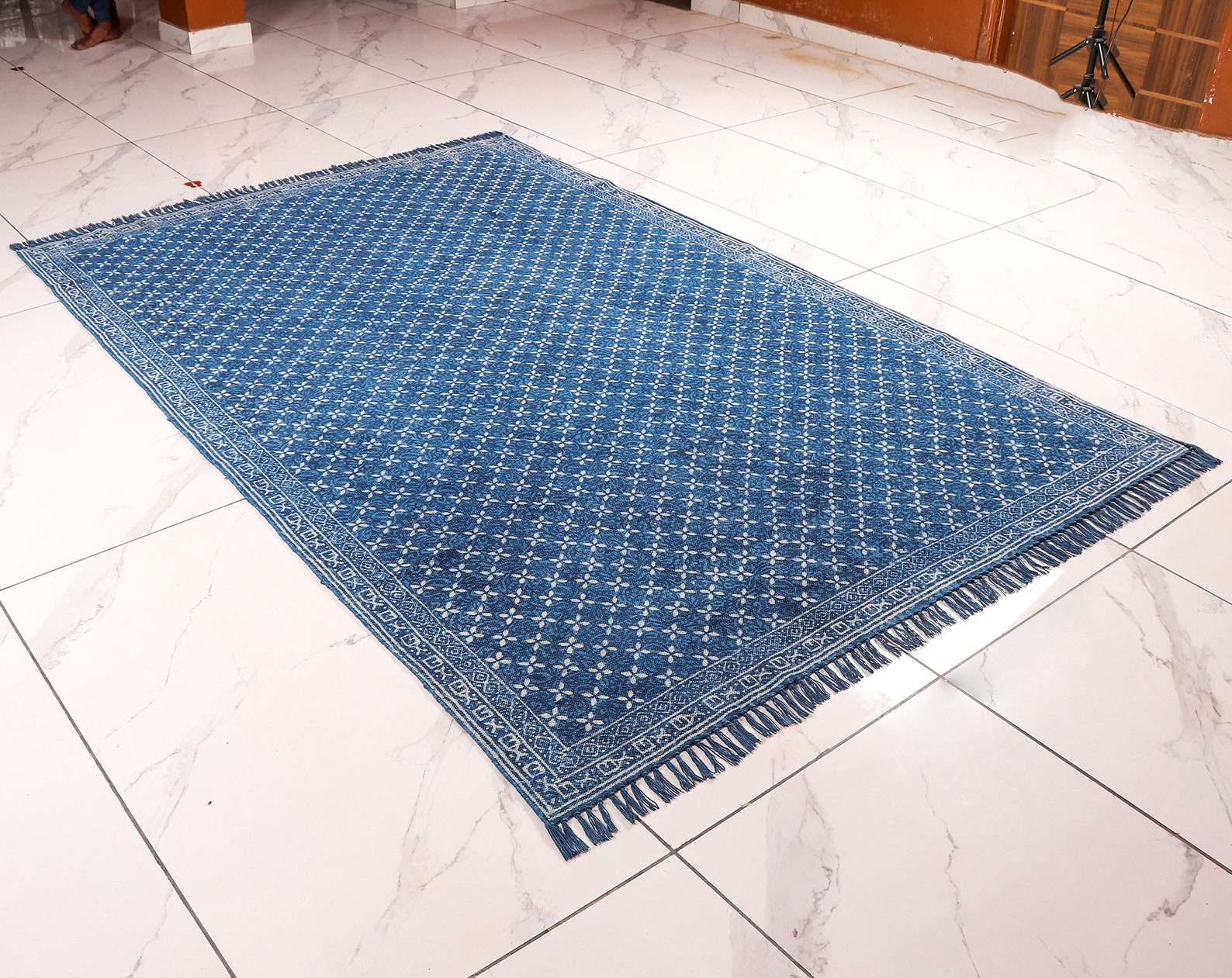Handblock Indigo Cotton Rug, Blue White Floral Star Dhurrie, Boho Home ...