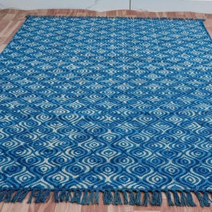 Blue Indigo Hand Block Hand Woven Cotton Flatweave Kilim Rug, Boho Blue Rug Sizes 5x8,6x9,8x10,9x12