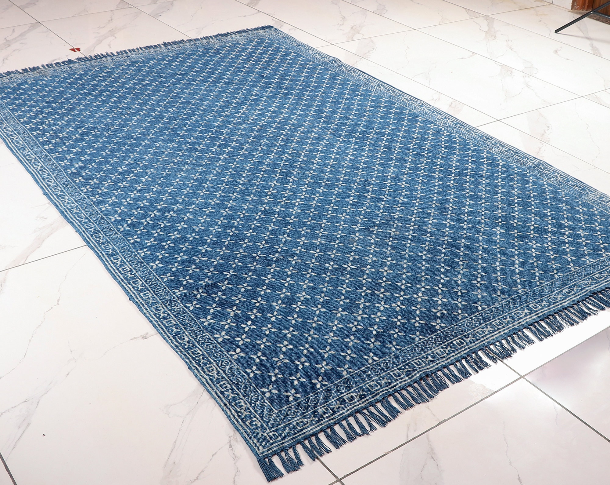 Handblock Indigo Cotton Rug, Blue White Floral Star Dhurrie, Boho Home ...