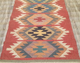 Handwoven Kilim Rug, Southwestern Geometric Area, Colorful Jute Rug