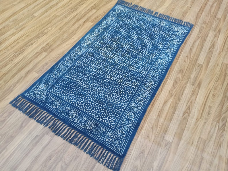 Indigo Hand Block Print Cotton Rug: Handmade Dhurrie Carpet - Etsy