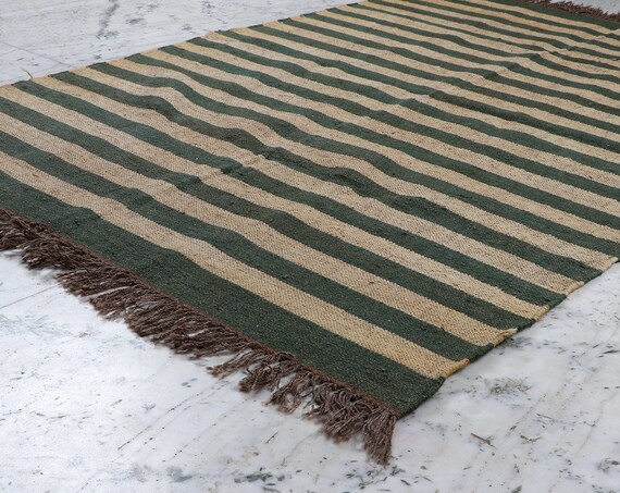 Handmade Wool Jute Rug, Navajo kilim Rug, Green Stripped Rug, Yoga Rug, Outdoor/ Indoor Rug, Kids/ Nursery Rug.