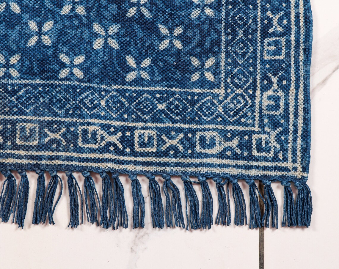 Handblock Indigo Cotton Rug, Blue White Floral Star Dhurrie, Boho Home ...