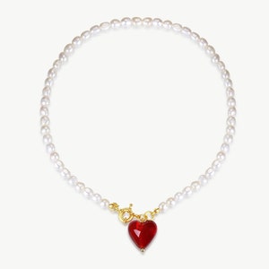 Esmée Red Glaze Heart Pendant Pearl Necklace, Glass Heart Shaped Pendant Love Necklace, Baroque Pearl Fresh Water Pearl Pendant Necklace