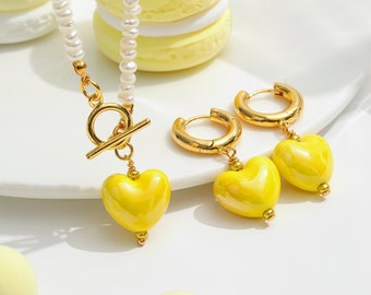Pastel Colored Glazed Ceramic Heart Dangle Earrings, Gold Tone Huggie Hoop Drop Earrings, Handmade Porcelain Heart Jewelry, Valentines Gift