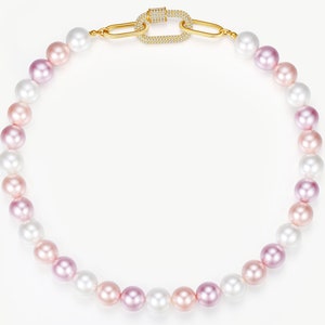 Collar de perlas de concha rosa con cierre de mosquetón con gemas incrustadas imagen 2