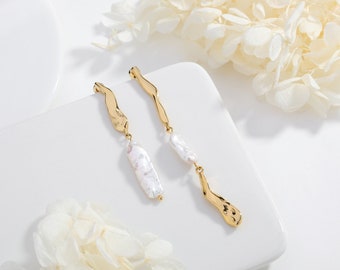 Unique Asymmetrical Gold Freshwater Stick Baroque Pearl Molten Twisted Dangle Long Earrings, Natural Elongated Pearls, Sterling Silver Posts