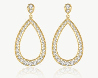 Artisanal Pavé Hollow Teardrop Earrings, Chunky Sparkle Zirconia Gold Drop Earrings