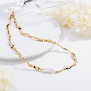 Gold Molten Stick Baroque Pearl Necklace Mother's Day Gift Choice Unique Uneven Irregular Design Adjustable Length