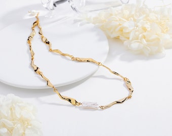 Collar de perlas barrocas con barra fundida de oro Opción de regalo para el día de la madre Diseño irregular irregular único Longitud ajustable
