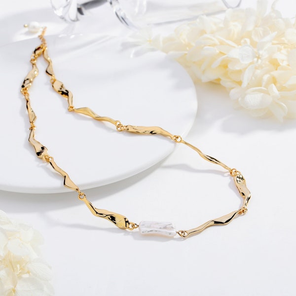 Gold Molten Stick Baroque Pearl Necklace Mother's Day Gift Choice Unique Uneven Irregular Design Adjustable Length