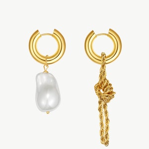 Unique Asymmetrical Gold Rope Chain Baroque Pearl Drop Earrings image 2