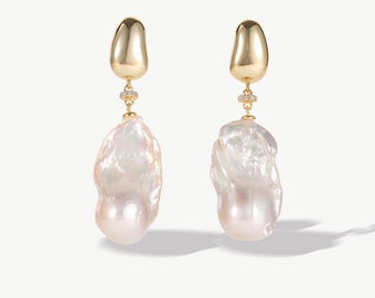 Doris grandes pendientes colgantes de perlas barrocas naturales, pendientes colgantes de perlas de oro Vermeil, joyería de playa hecha a mano estilo bohemio