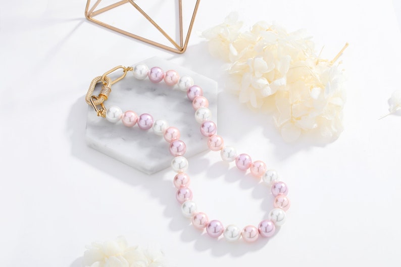 Pink Shell Pearl Necklace with Gem-Encrusted Carabiner Lock image 6