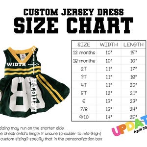 May include: Green and yellow custom jersey dress with the number 8. The size chart shows measurements in inches for various sizes, from 12 months to 9/10. The text "UPDATED April 2026" is in the bottom right corner.