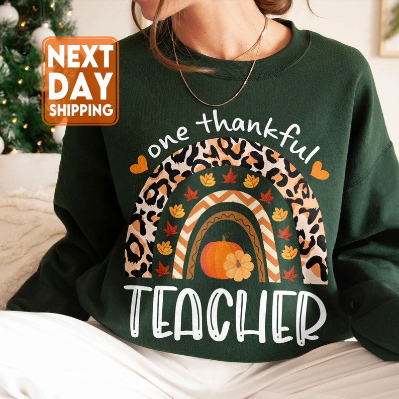 Thankful Teacher Thanksgiving Rainbow Leopard Sweatshirt, Fall T-shirt For Teacher, Thanksgiving Squad Crewneck