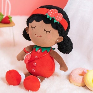 Personalized Strawberry Doll, Custom Rag Doll, Personalized Deep Skin Tone Doll, First Baby Doll, Baby Shower Plush Doll For Baby Girls
