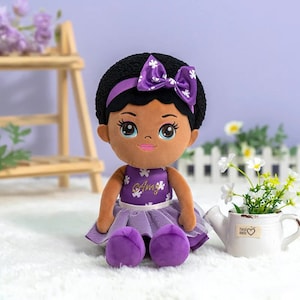 Personalized 15 Inch Purple Plush Doll: Deep Skin Tone, Birthday Gift