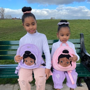 Personalized Plush Doll Pink & Purple Backpack, Customized Baby Gift Set, Back To School Birthday, Christmas Gifts, For Deep Skin Tone Baby