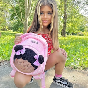 Personalized Plush Doll Pink Backpack, Customized Baby Gift Set, Back To School Birthday, Christmas Gifts, For Deep Skin Tone Baby