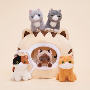 Handmade Cat Plush Toy Set: Kitten Stuffed Animals & Cat House