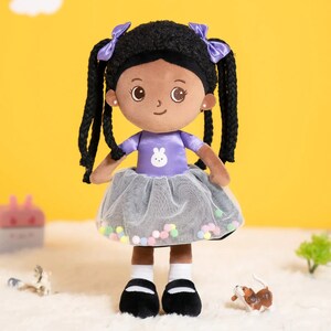 15 Inch Kids Soft Doll, Customized Name or Birthday For 3 Year Old Back To School, Birthday Gift Ideas, Deep Skin Tone Purple Doll Gift Set