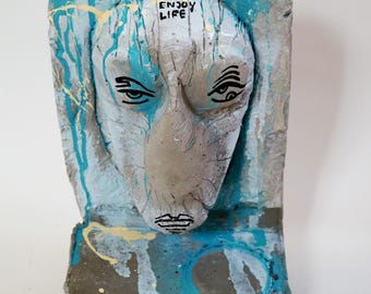 Abstract Street Art Acrylic Concrete Sculpture “Enjoy Life” Modern Urban Art Bold Graffiti-Inspired Contemporary