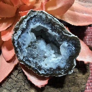 May include: A cut geode with a dark brown outer layer and a sparkling, light blue interior. The geode's cavity is filled with crystalline formations, creating a natural, textured appearance. The geode is displayed on a piece of wood.