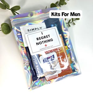 I Regret Nothing Kit Bag & Sticker with supplies for Bachelor Party Hangover Recovery Kit Men 21st Birthday Prefilled Hangover Kit Bulk