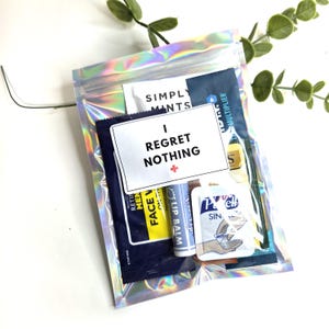 I Regret Nothing Kit Bag & Sticker with supplies for Bachelor Party Hangover Recovery Kit Men 21st Birthday Prefilled Hangover Kit Bulk
