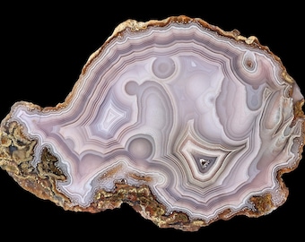 Laguna Agate Half Nodule: Purple and Lavender Tight Banding, Flow Channel (Mexico) Parallax