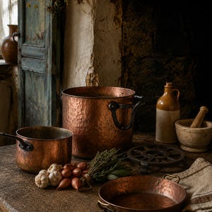 May include: A collection of hammered copper cookware including a large stockpot with iron handles, a smaller saucepan, and a shallow pan with brass handles, accompanied by garlic bulbs, shallots, herbs, a ceramic mortar and pestle, and a bottle.