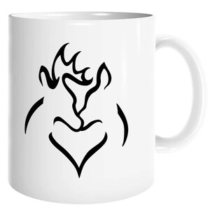 May include: White ceramic coffee mug featuring a black silhouette of two deer heads forming a heart shape.