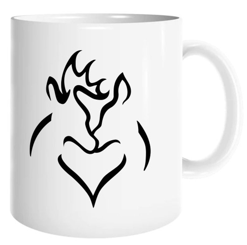 May include: White ceramic coffee mug featuring a black silhouette of two deer heads forming a heart shape.