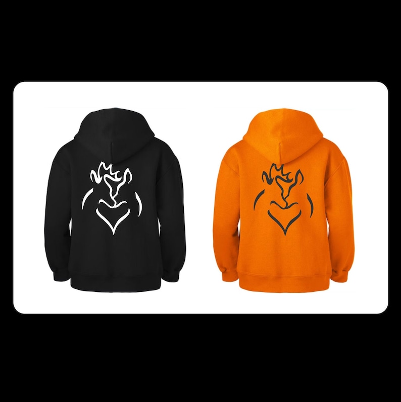 May include: Two hooded sweatshirts, one black and one orange, with a white graphic of two stylised figures forming a heart on the back.